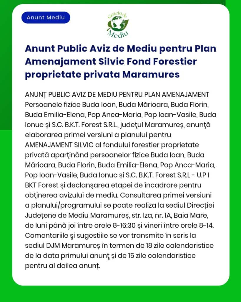 Anunt Public Aviz de Mediu pentru Plan Amenajament Silvic Fond Foresti