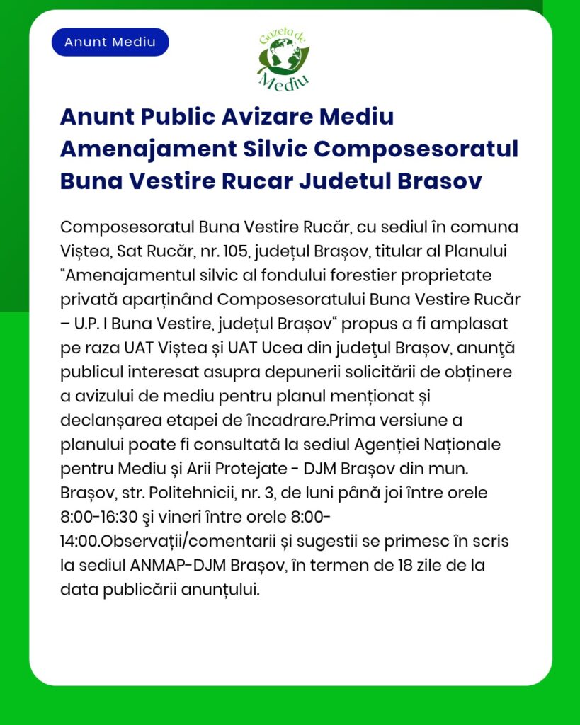 Anunt Public Avizare Mediu Amenajament Silvic Composesoratul Buna Vest