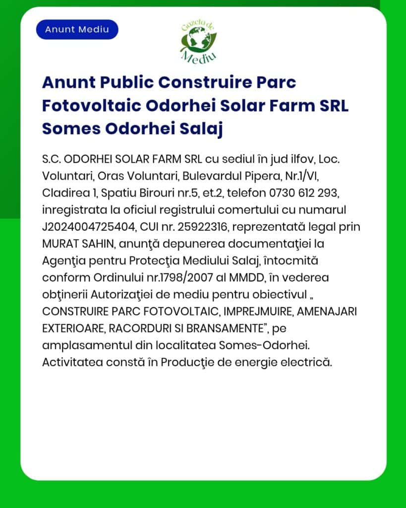 Anunt Public Construire Parc Fotovoltaic Odorhei Solar Farm SRL Somes