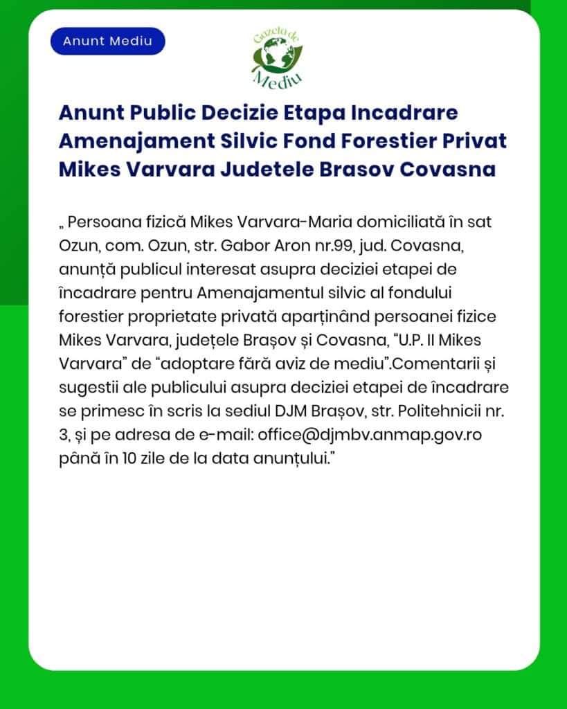 Anunt Public Decizie Etapa Incadrare Amenajament Silvic Fond Forestier
