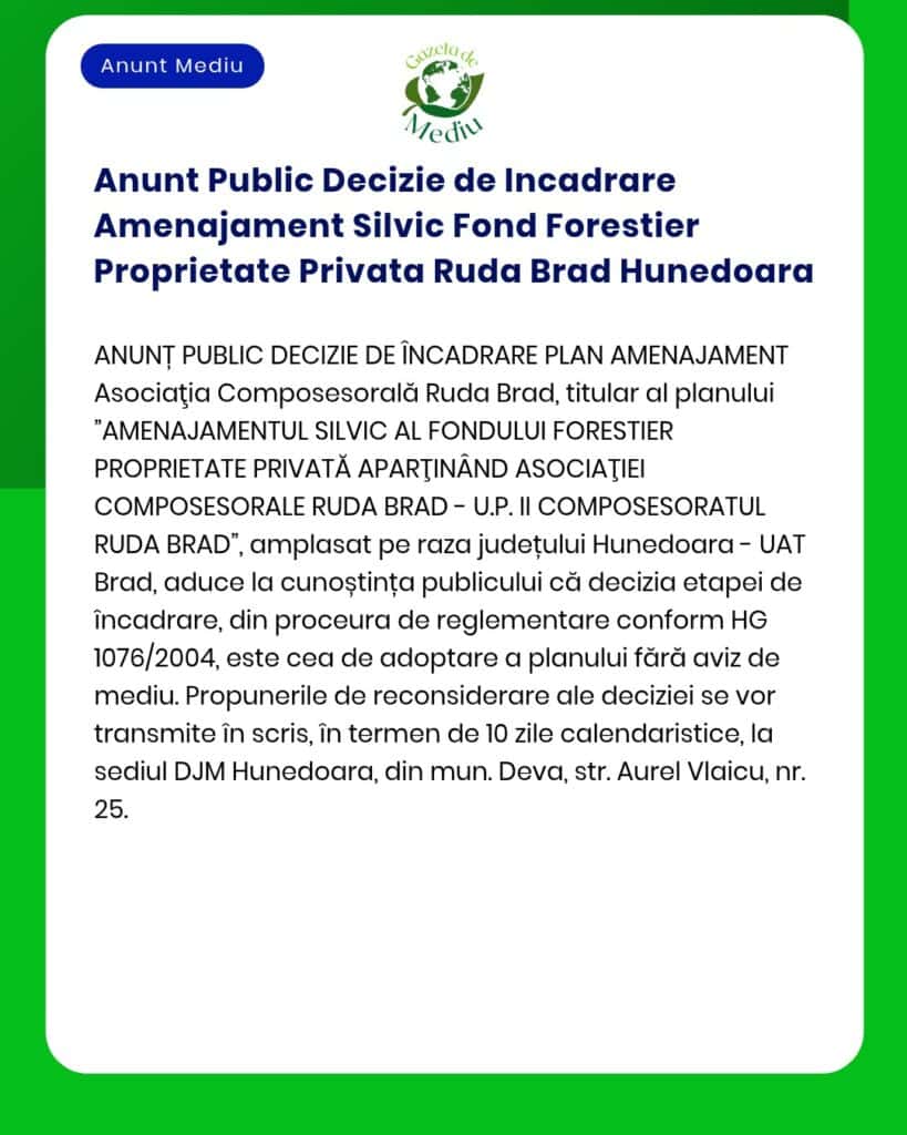 Anunt Public Decizie de Incadrare Amenajament Silvic Fond Forestier Pr