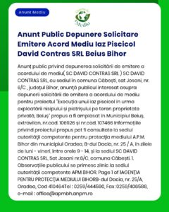 Anunt Public Depunere Solicitare Emitere Acord Mediu Iaz Piscicol Davi