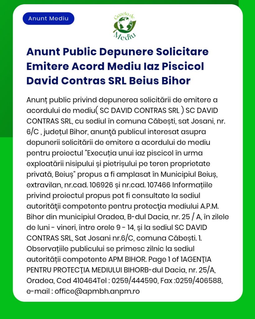 Anunt Public Depunere Solicitare Emitere Acord Mediu Iaz Piscicol Davi