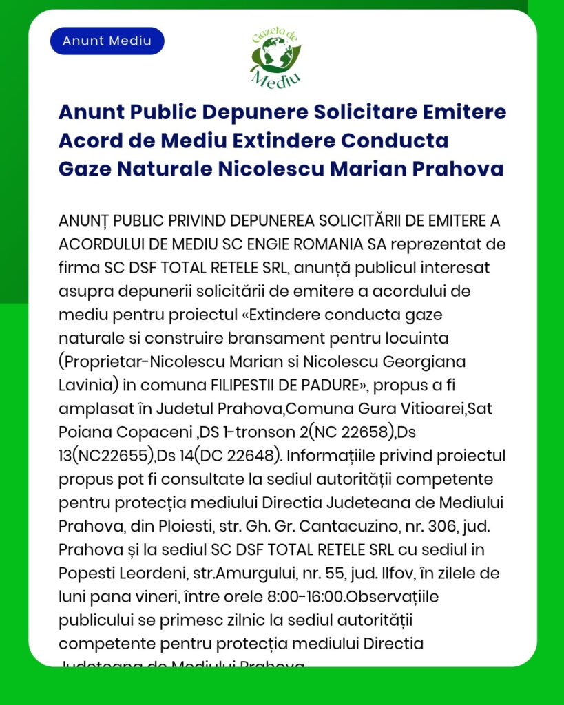 Anunt Public Depunere Solicitare Emitere Acord de Mediu Extindere Cond
