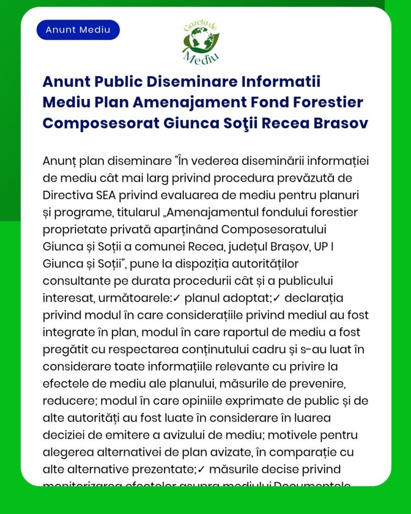 Anunt Public Diseminare Informatii Mediu Plan Amenajament Fond Foresti