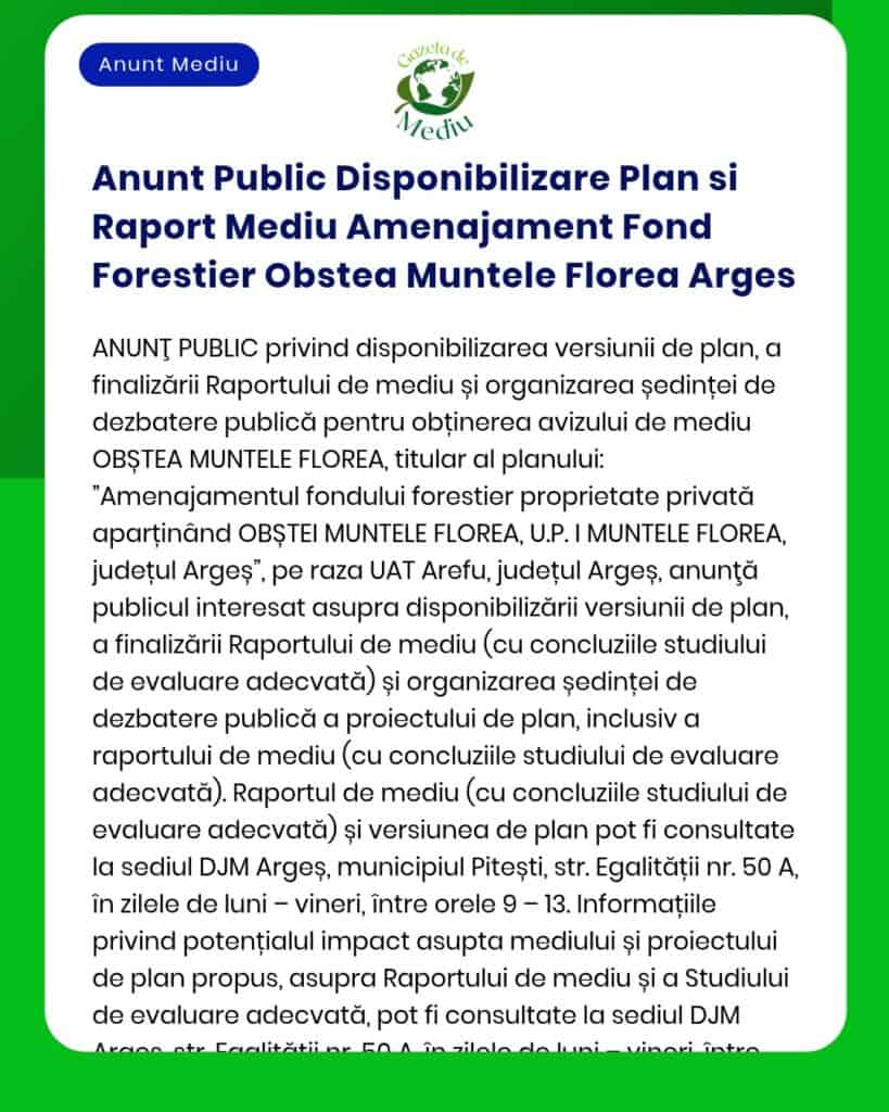 Anunt Public Disponibilizare Plan si Raport Mediu Amenajament Fond For