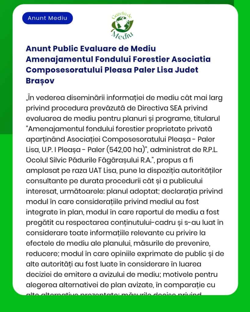 Anunt Public Evaluare de Mediu Amenajamentul Fondului Forestier Asocia