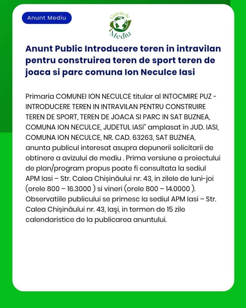 Anunt Public Introducere teren in intravilan pentru construirea teren