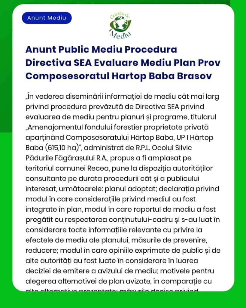 Anunt Public Mediu Procedura Directiva SEA Evaluare Mediu Plan Prov Co