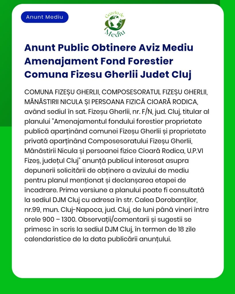 Anunt Public Obtinere Aviz Mediu Amenajament Fond Forestier Comuna Fiz