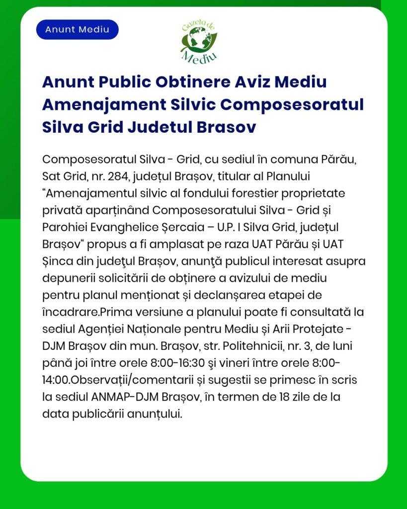 Anunt Public Obtinere Aviz Mediu Amenajament Silvic Composesoratul Sil