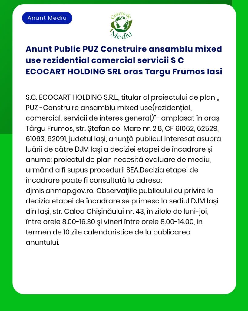 Anunt Public PUZ Construire ansamblu mixed use rezidential comercial s