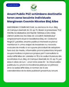 Anunt Public PUZ schimbare destinatie teren zona locuinte individuale