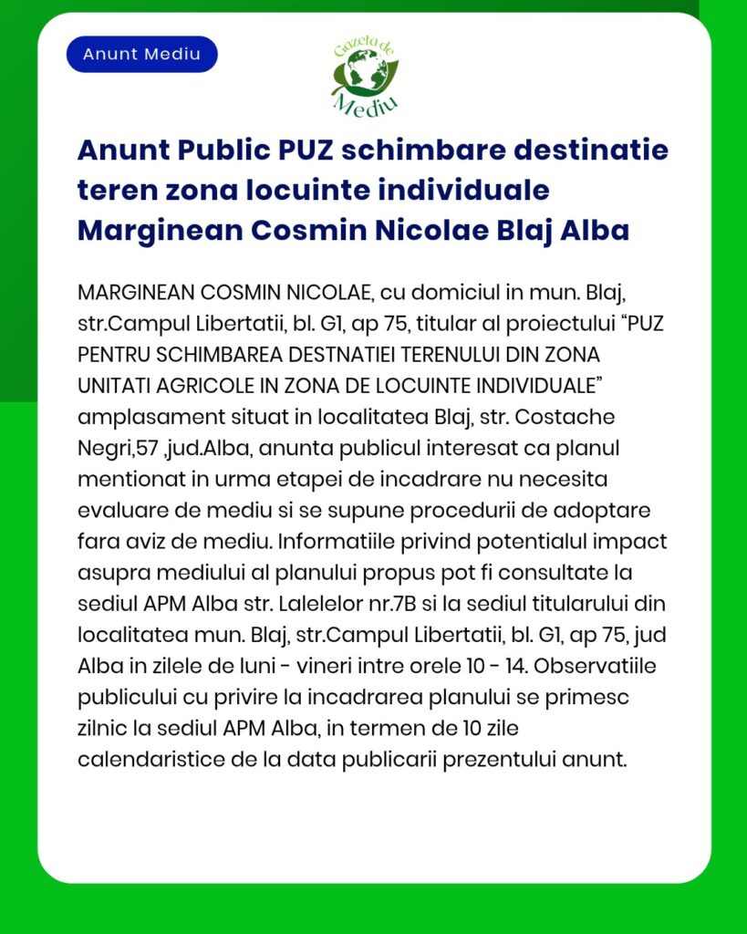 Anunt Public PUZ schimbare destinatie teren zona locuinte individuale