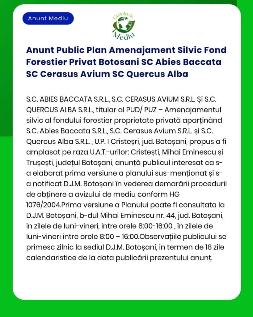 Anunt Public Plan Amenajament Silvic Fond Forestier Privat Botosani SC