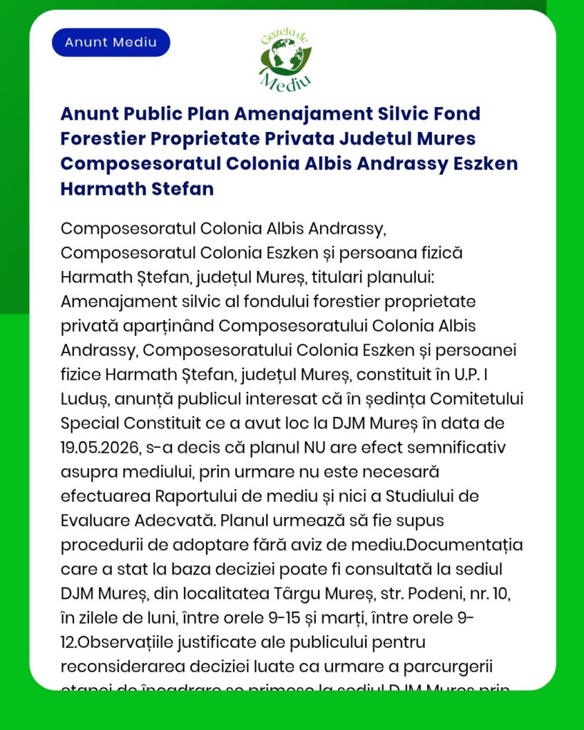 Anunt Public Plan Amenajament Silvic Fond Forestier Proprietate Privat