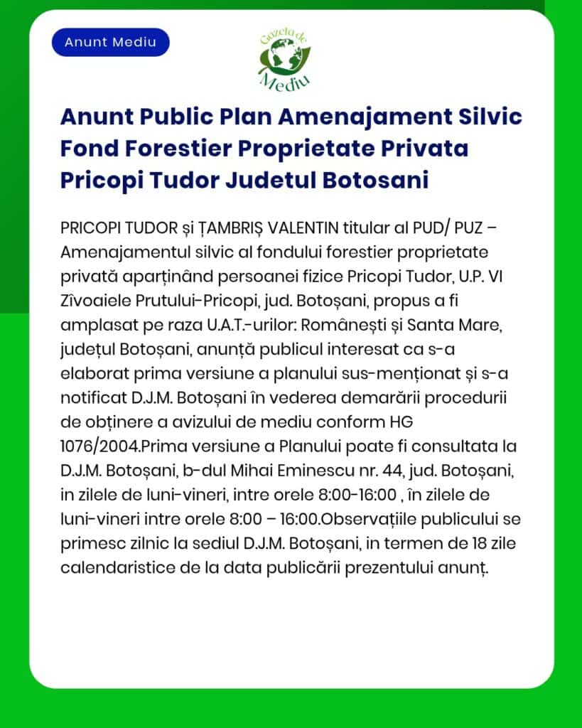 Anunt Public Plan Amenajament Silvic Fond Forestier Proprietate Privat