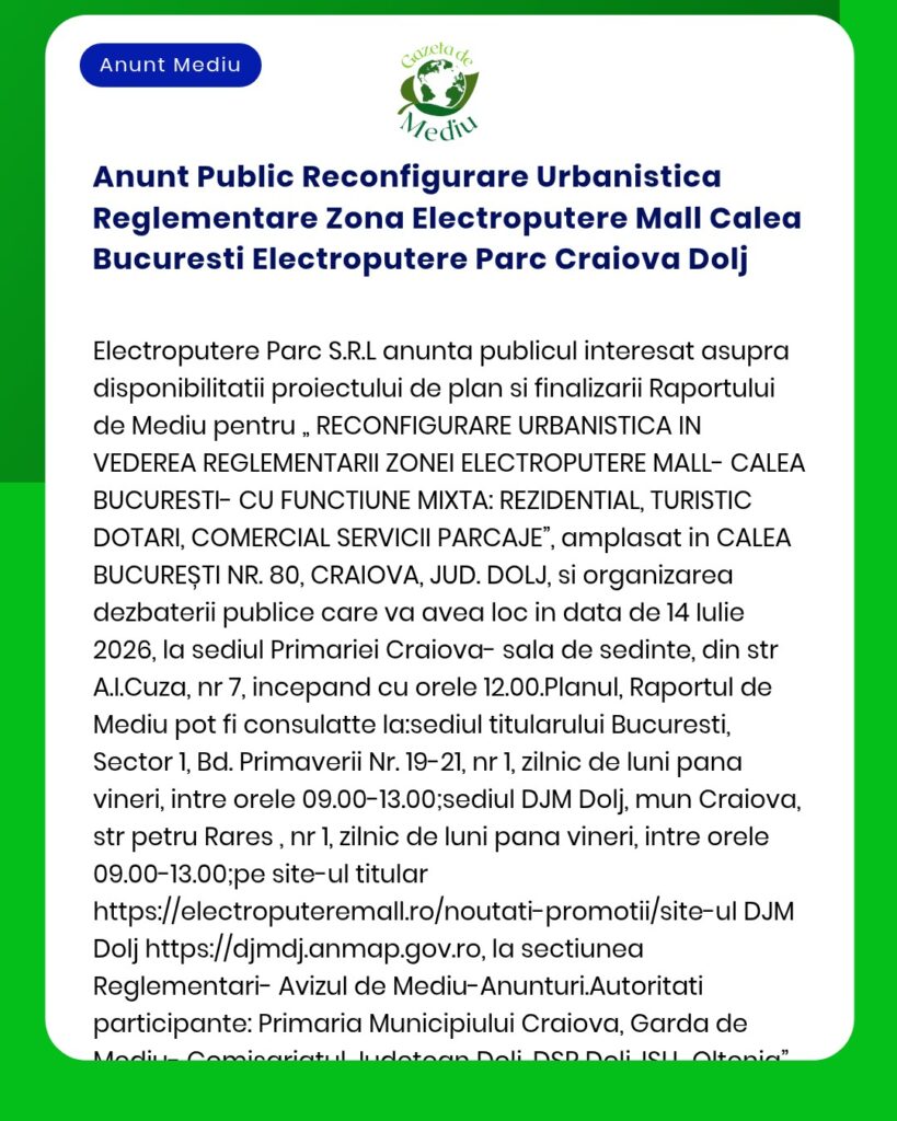 Anunt Public Reconfigurare Urbanistica Reglementare Zona Electroputere