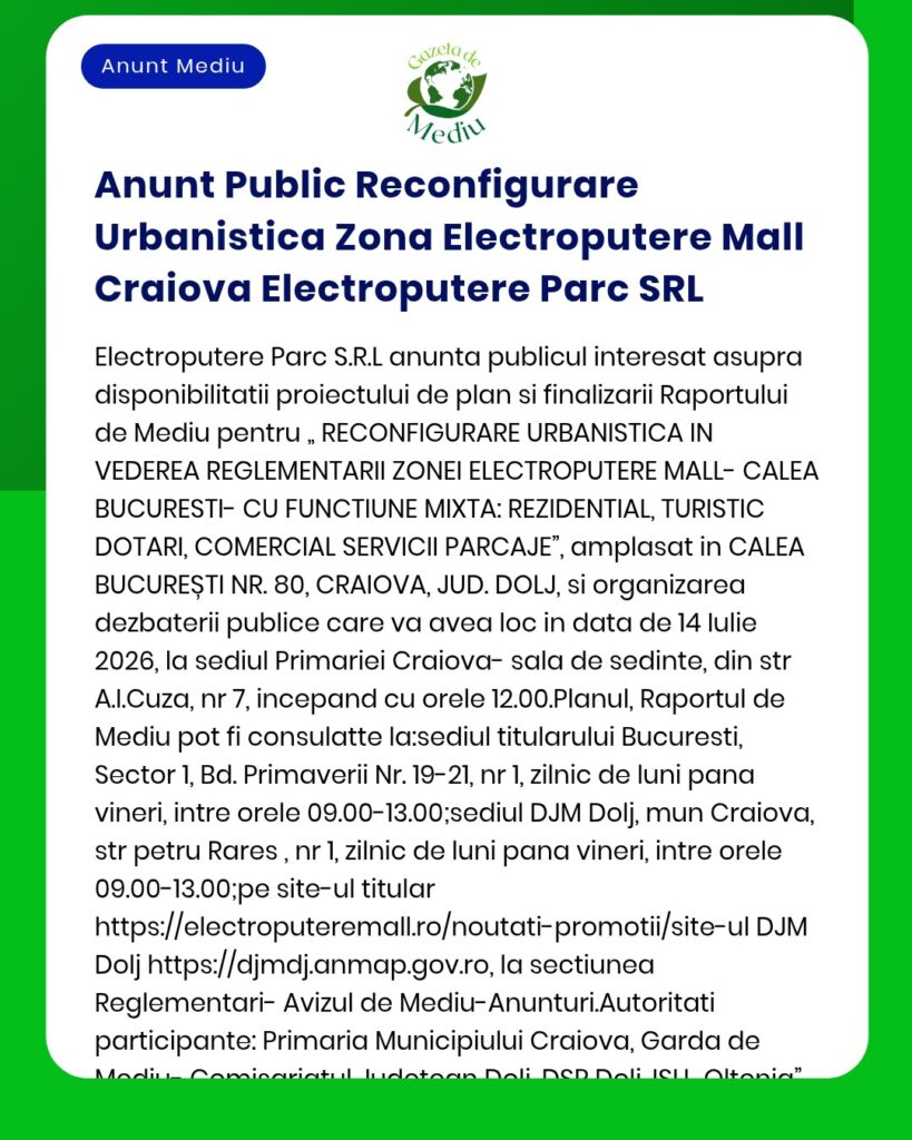 Anunt Public Reconfigurare Urbanistica Zona Electroputere Mall Craiova