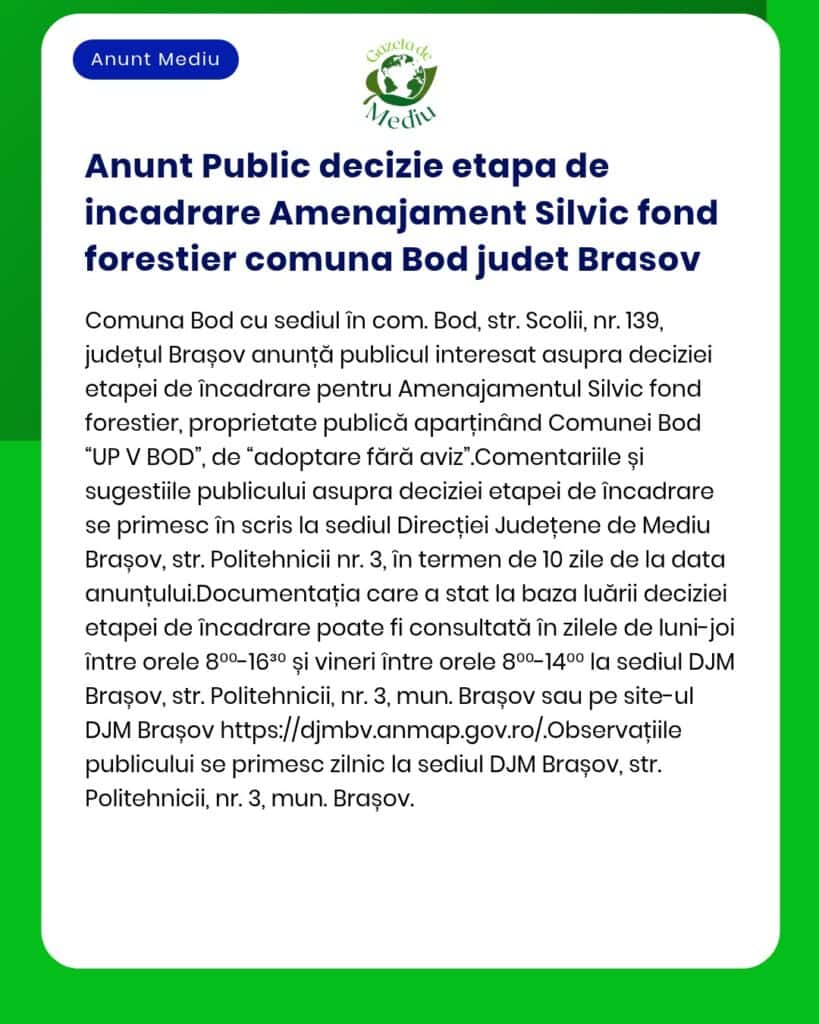 Anunt Public decizie etapa de incadrare Amenajament Silvic fond forest