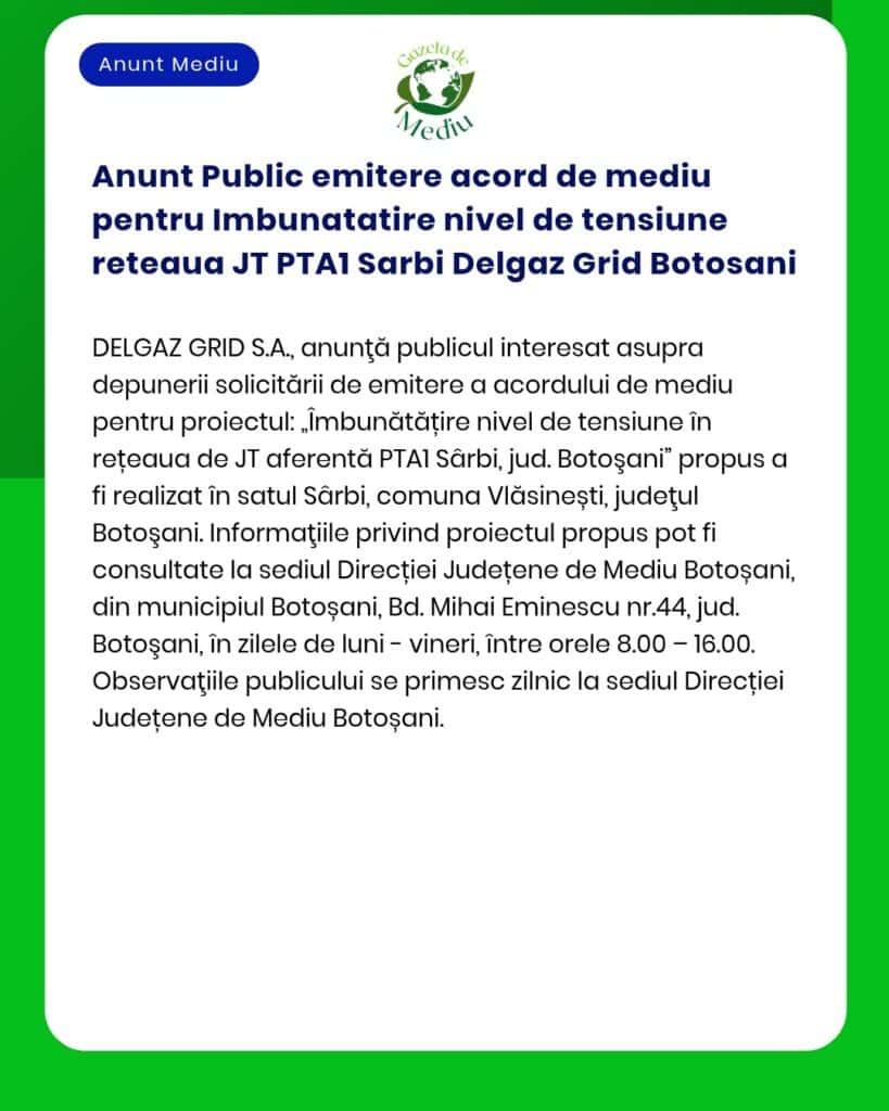 Anunt Public emitere acord de mediu pentru Imbunatatire nivel de tensi