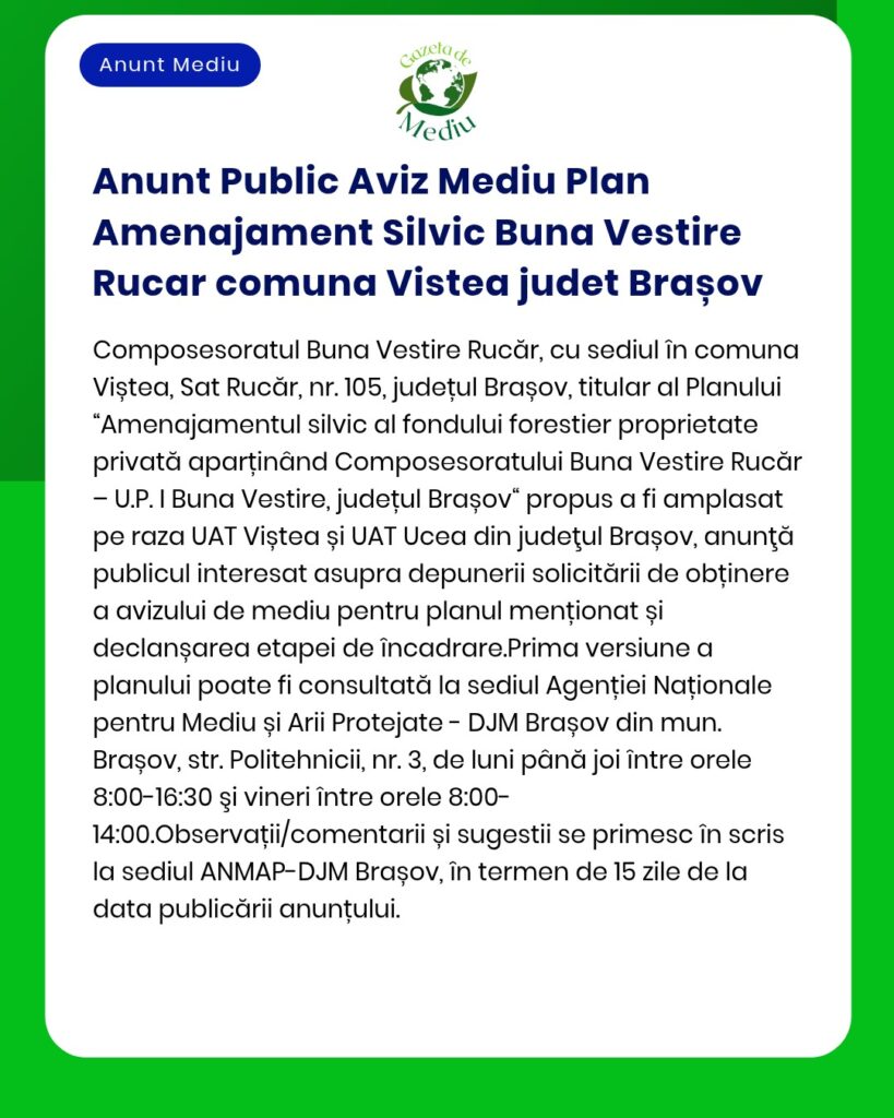 Anunt Public Aviz Mediu Plan Amenajament Silvic Buna Vestire Rucar com