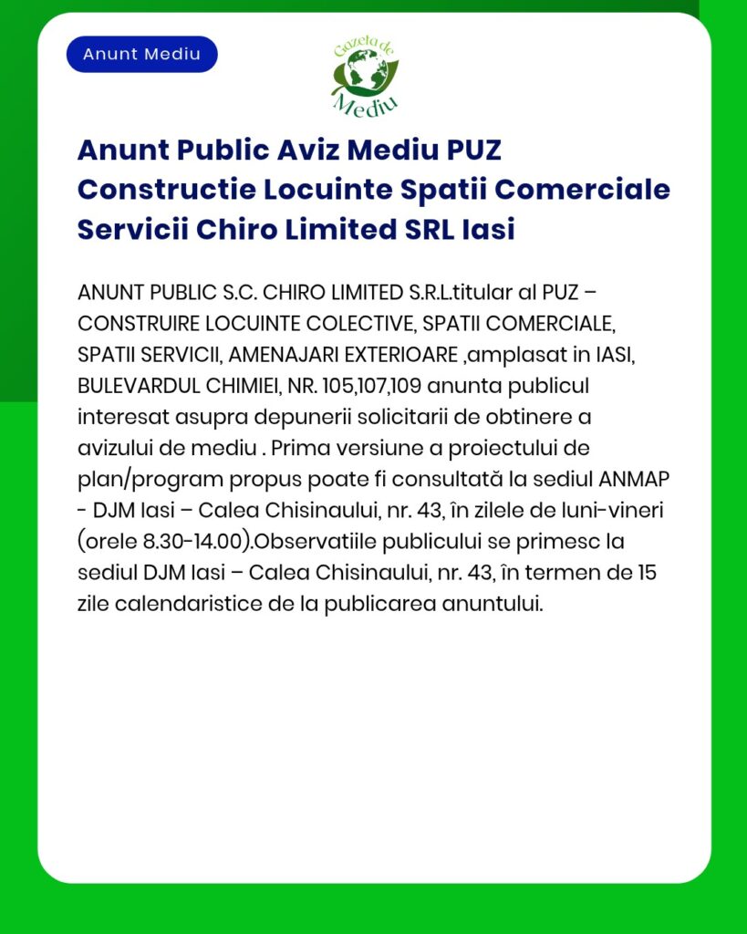 Anunt Public Aviz Mediu PUZ Constructie Locuinte Spatii Comerciale Ser