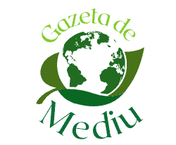 Gazeta de Mediu, text alăturat unei ilustrații cu Pământul parțial înconjurat de o frunză verde.