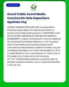 Anunț privind construirea unor hale de depozitare în Apahida, județul Cluj; sunt prezentate informații despre proiect.