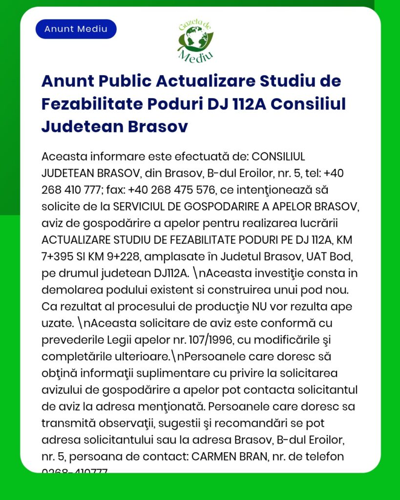 Actualizare studiu fezabilitate DJ 112A, județul Brașov; zonă afectată menționate.