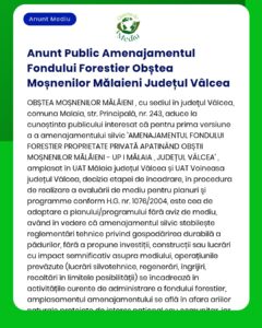 Anunț privind regulamentul Asociației Fondului Forestier din Mălaia, județul Vâlcea, cu referințe legale.