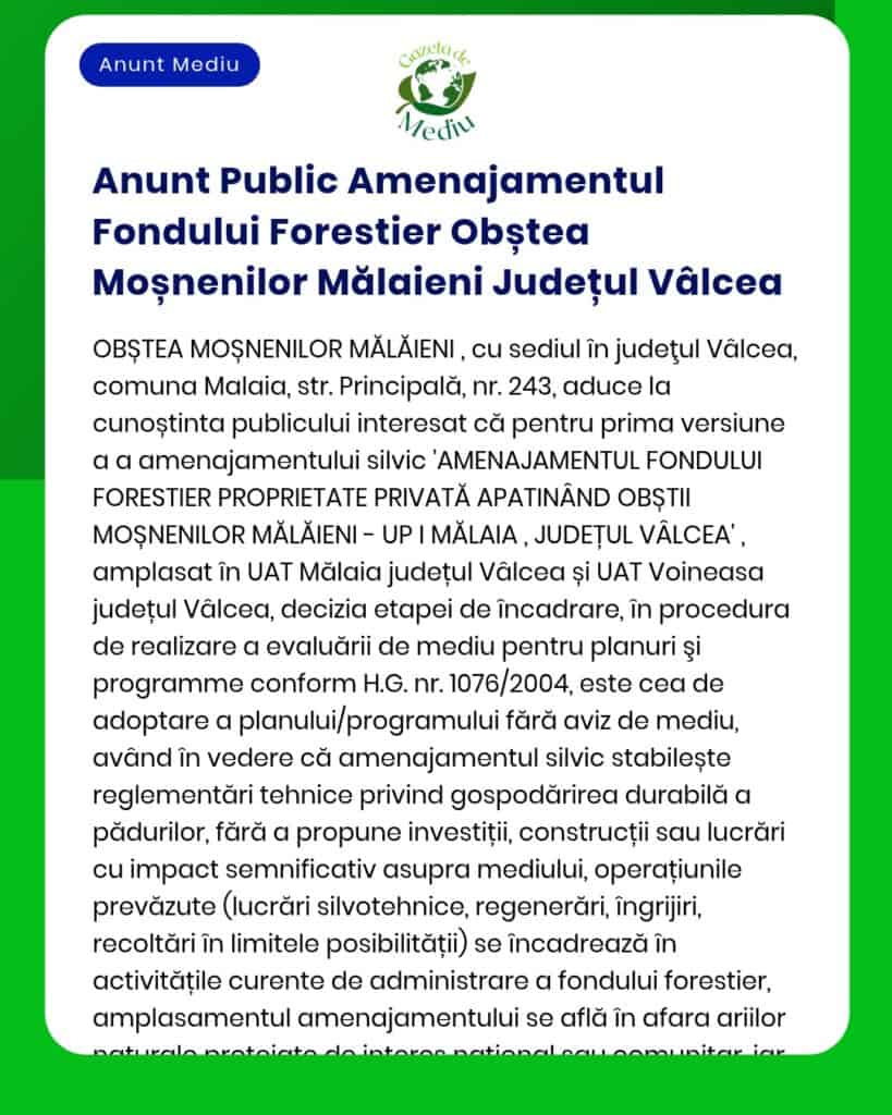 Anunț privind regulamentul Asociației Fondului Forestier din Mălaia, județul Vâlcea, cu referințe legale.