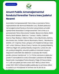 Anunț privind înființarea unui fond forestier la Ineu, județul Neamț, împreună cu lista membrilor Asociației Composesorale Tercs Ineu.