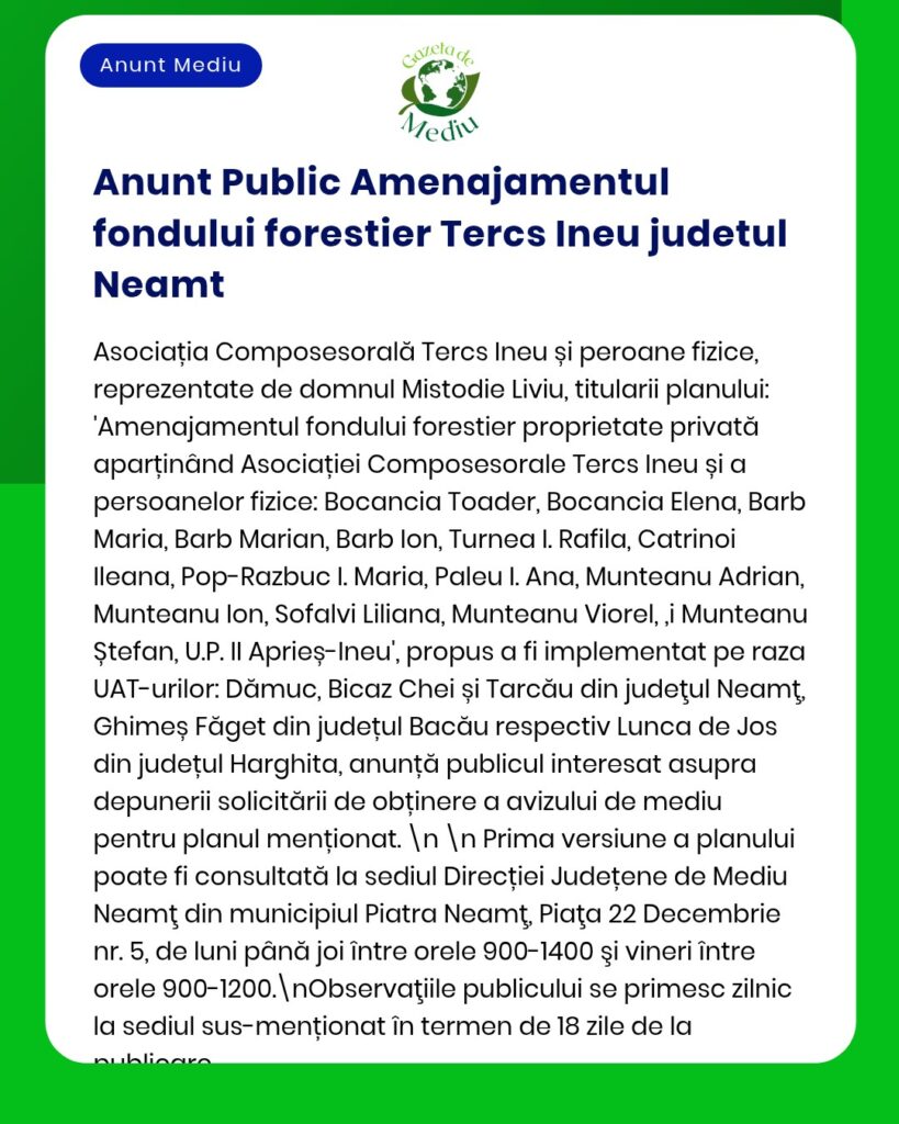 Anunț privind înființarea unui fond forestier la Ineu, județul Neamț, împreună cu lista membrilor Asociației Composesorale Tercs Ineu.