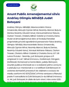 Anunț privind ședința de gestionare a pădurilor în Botoșani, cu lista participanților și dezbatere pe teme silvice.