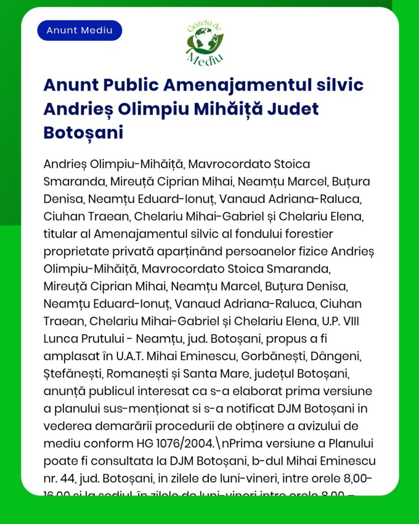 Anunț privind ședința de gestionare a pădurilor în Botoșani, cu lista participanților și dezbatere pe teme silvice.