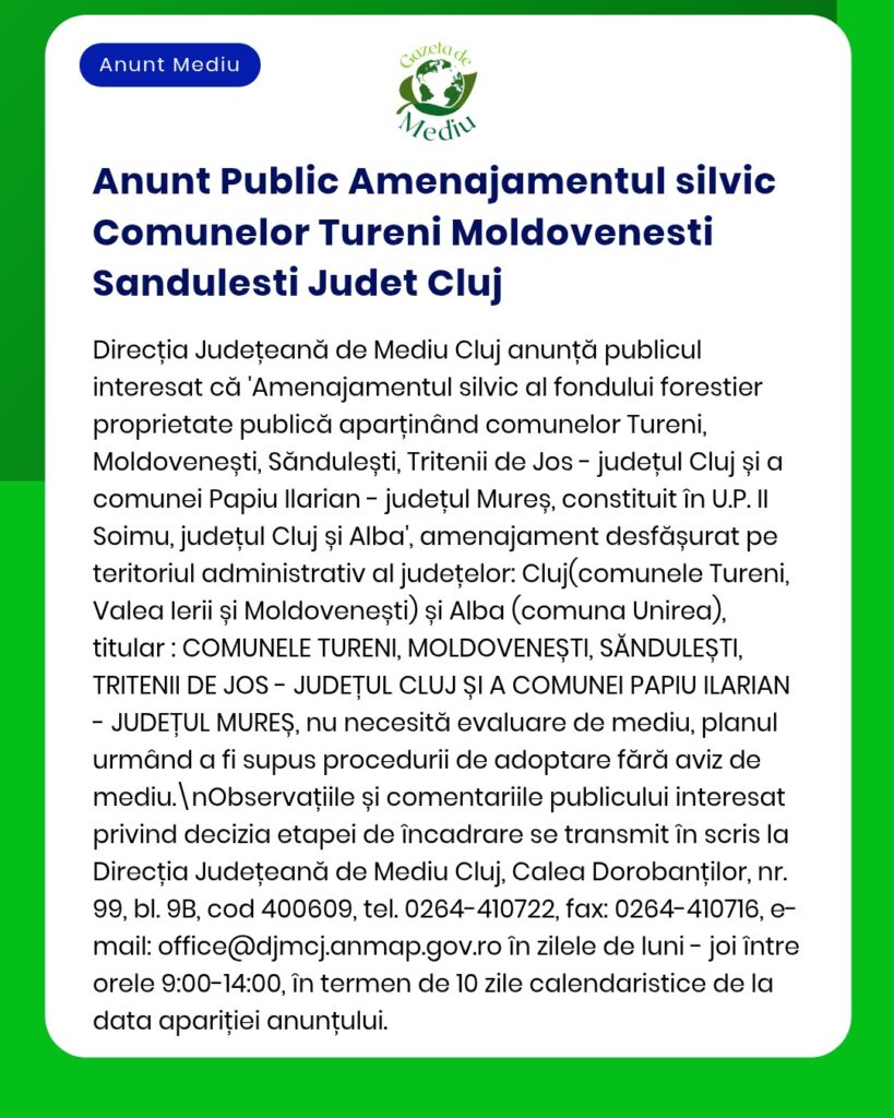 Anunț privind autorizațiile forestiere pentru comunitățile din județul Cluj.