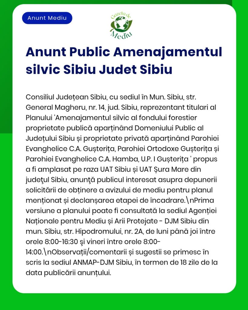 Afiș informativ privind planul de dezvoltare a fondului forestier din Sibiu, cu detalii despre reuniune și instituțiile participante.