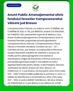 Anunț privind amenajarea fondului forestier în Vălcele, Brașov, de către Composesoratul Vălcele.