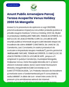 Anunț privind amenajarea locului de joacă al societății Venus Holiday 2000 SA din Mangalia. Informații despre procedura de depunere a cererilor.