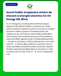 Propunere privind un sistem de stocare a energiei electrice prezentată de SC GV Energy SRL în Poiana, județul Bihor.
