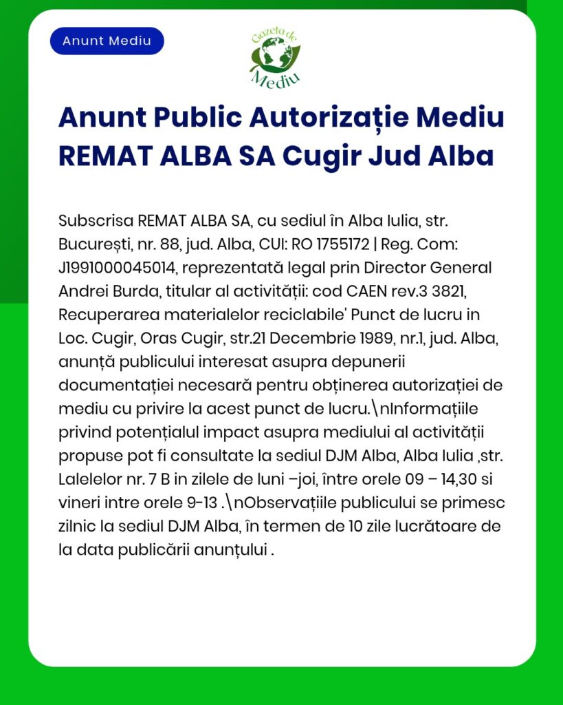 REMAT ALBA SA solicită autorizație de mediu pentru o instalație de reciclare în Cugir, Alba.