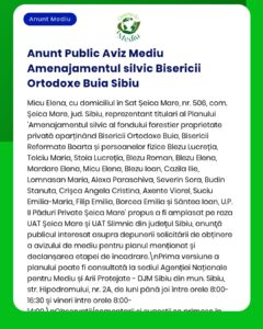 Anunț despre un plan de gestionare a pădurii deținută de biserică în Șeica Mare, Sibiu, cu lista persoanelor implicate.