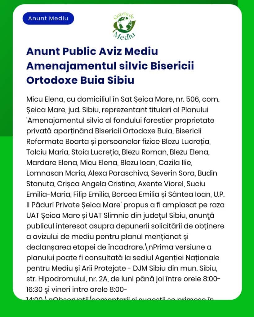 Anunț despre un plan de gestionare a pădurii deținută de biserică în Șeica Mare, Sibiu, cu lista persoanelor implicate.