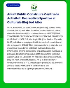Construirea unui centru de activități sportive și culturale în municipiul Blaj, județul Alba – detalii despre proiect.