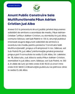 Anunț privind solicitarea autorizației de construire a unei săli multifuncționale în Săliac, județul Alba.
