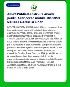 Anunț privind acordul de mediu pentru fabrica de mobilă BOGOSEL NICOLETA ANGELA din Bihor.
