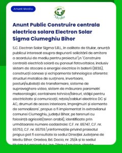 Anunț privind construirea centralei solare Electron Solar în Ciumeghiu, județul Bihor, cu detalii despre echipamente.
