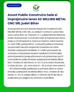 Anunț privind clasificarea terenului SC MILLING METAL CNC SRL din județul Bihor, cu detalii despre locație și proceduri.