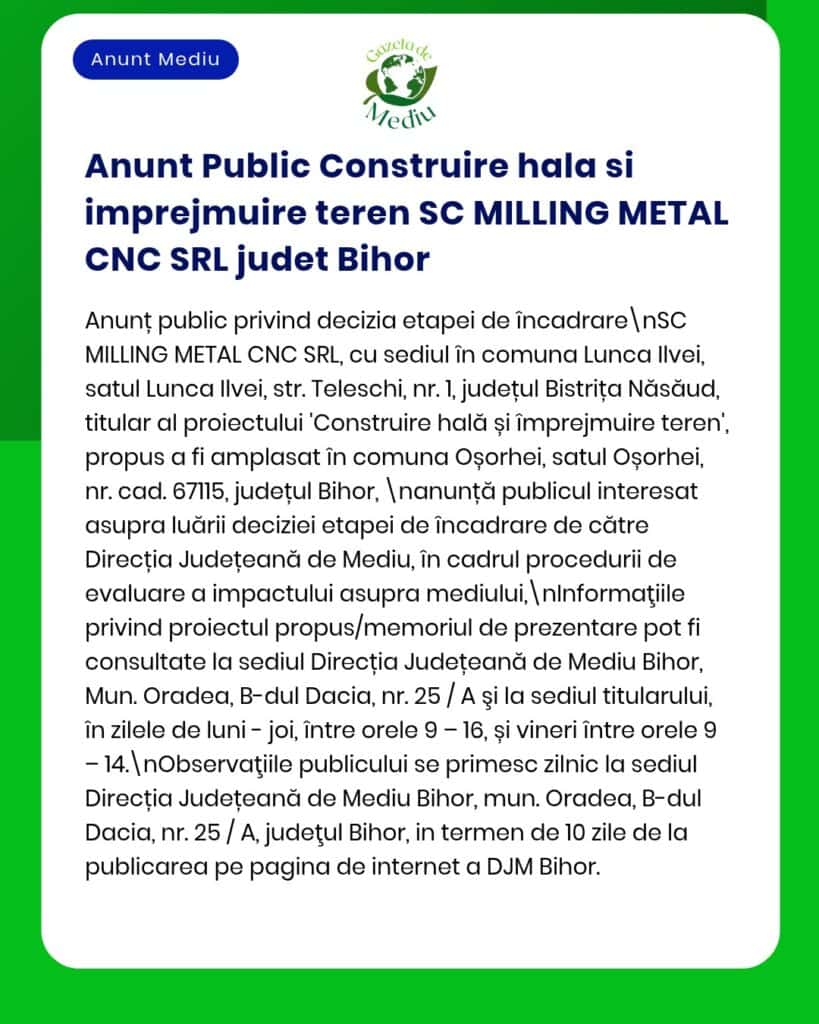 Anunț privind clasificarea terenului SC MILLING METAL CNC SRL din județul Bihor, cu detalii despre locație și proceduri.